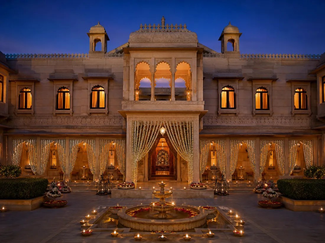 Decorative palace wedding setting illuminated at blue hour